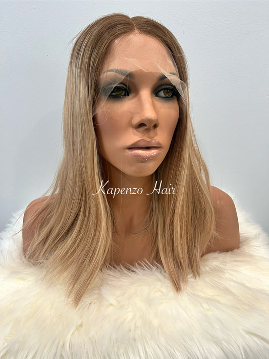 Glueless Medical Lace Front Wig – European Hair in Rooted Honey Blonde (16”–18”)