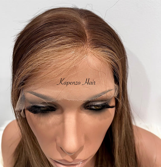European Hair Wig Brown with Highlights– Lace Front
